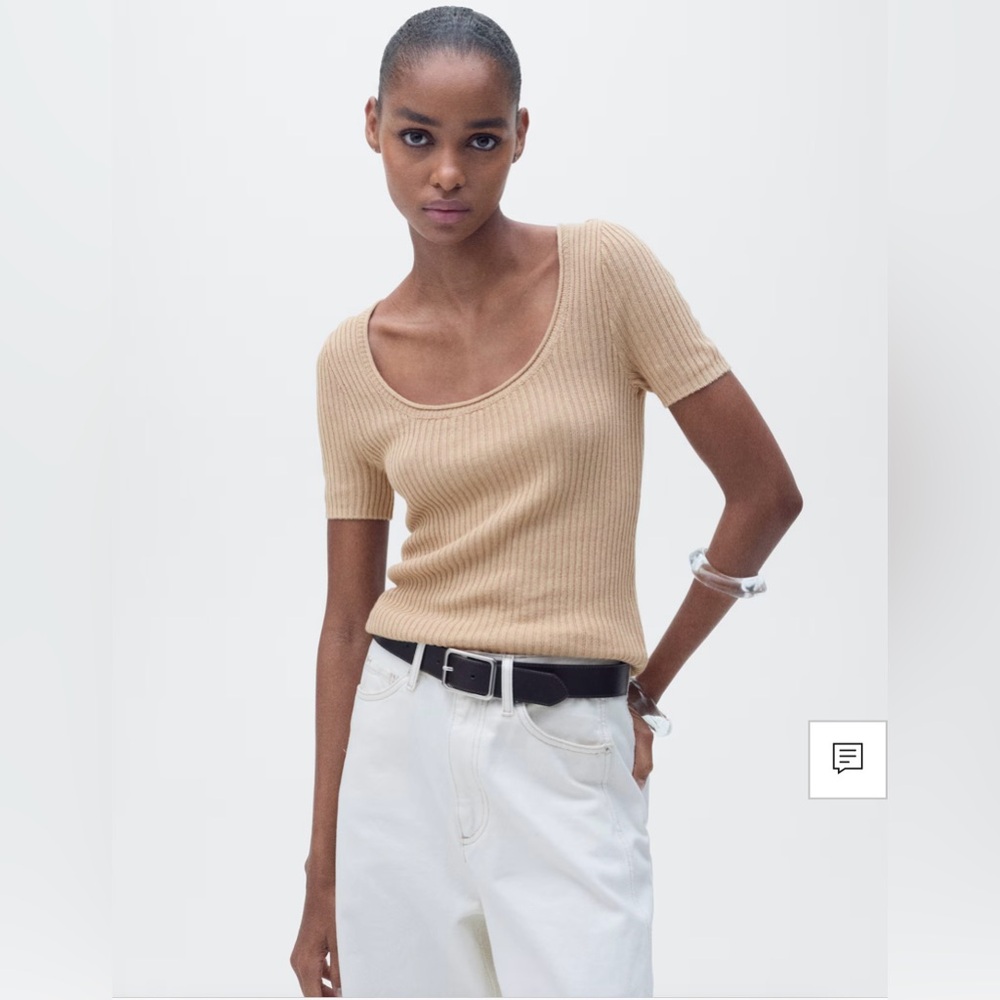NWT Mango Beige Ribbed Knit Top Size Small